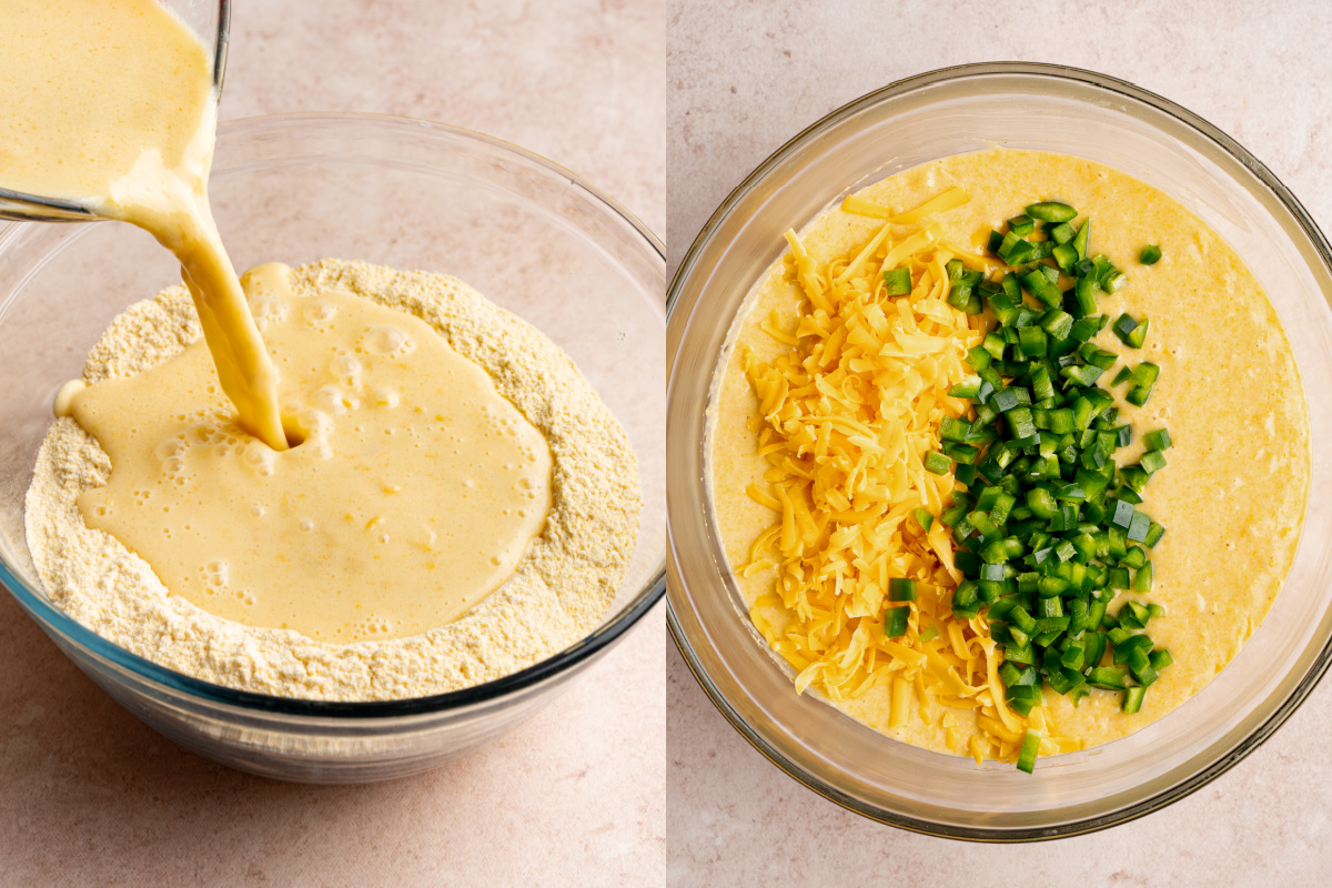 Pouring the wet ingredients into a bowl with the dry ingredients, then adding the cheese and jalapenos before mixing everything together.