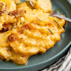 A scoop of au gratin potatoes on a plate for serving.