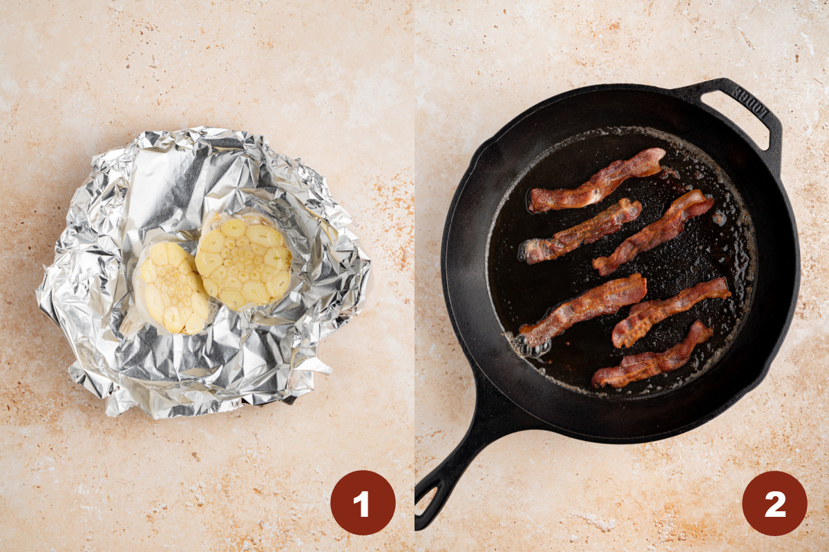 The garlic in tin foil before roasting. And the cooked bacon in a skillet.
