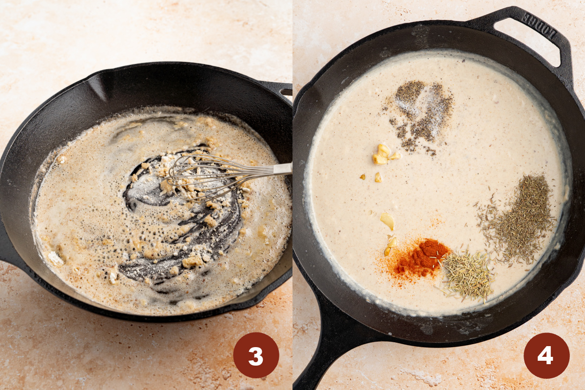 Whisking together flour and liquid to make a roux in a cast iron pan, then adding the other ingredients.