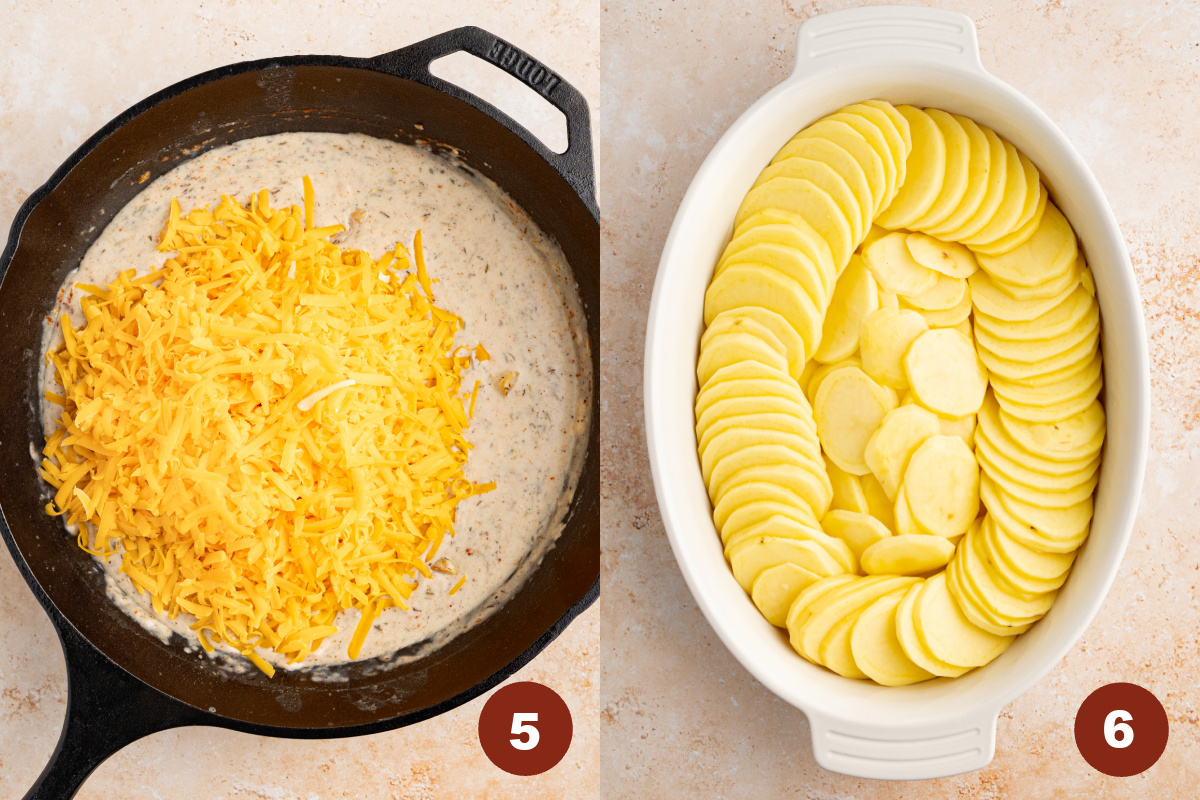 Cheese in the pan with the liquid mixture before stirring together to make the sauce. The sliced potatoes sitting in a oval baking dish before adding the cheese sauce.