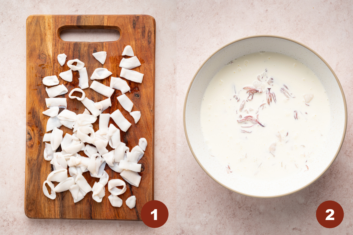 Cut pieces of calamari a wooden cutting board and then a large bowl is also filled with the calamari and heavy cream mixture.
