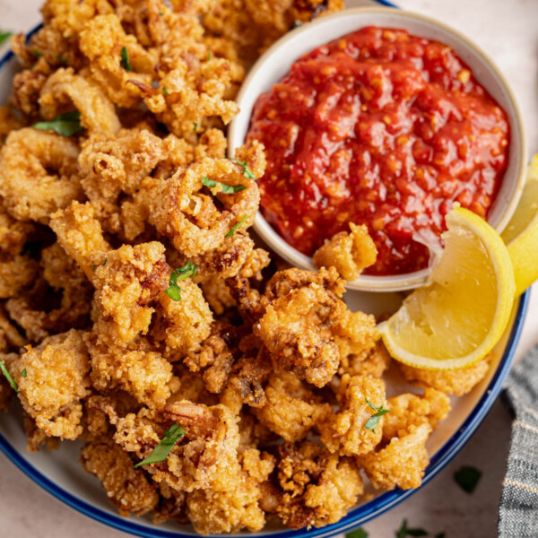 fried calamari on a plate for serving with a side of marinara sauce and lemon wedge.