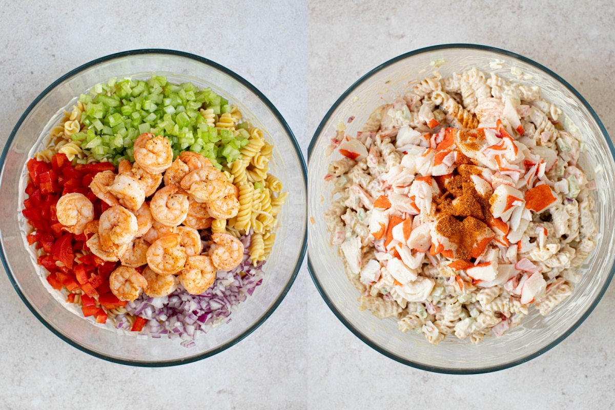 All of the ingredients for seafood salad in a bowl before mixing. 
