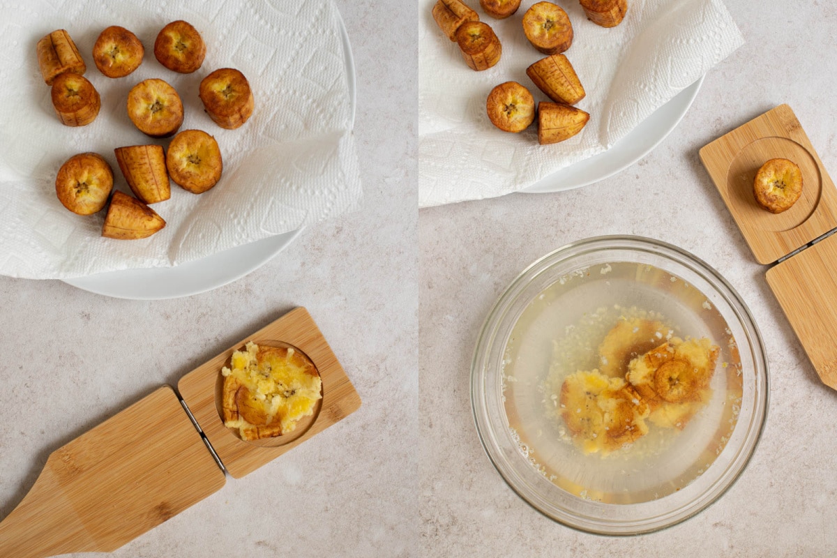 Using a tostonera to press the fried green plantains down before frying them in the oil again. 
