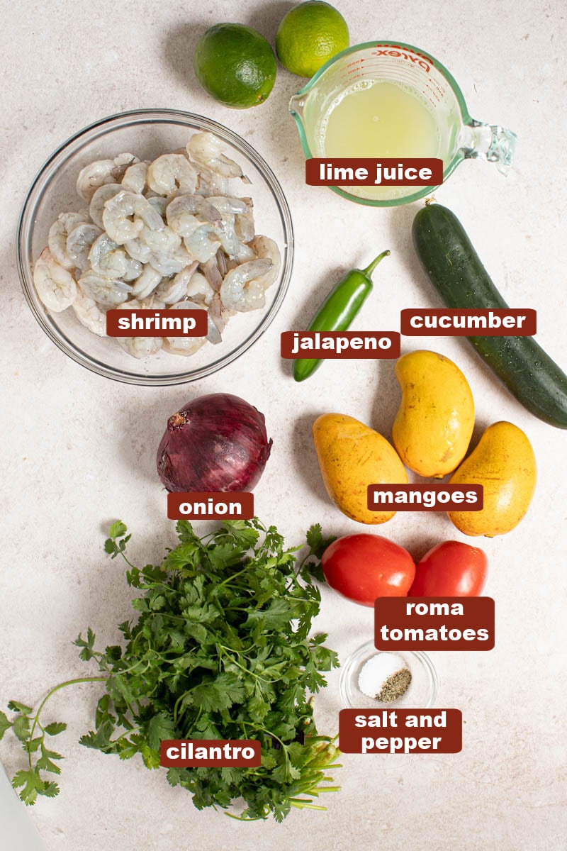 All of the ingredients for mango ceviche on a white countertop including shrimp, lime juice, cucumber, mango, jalapeno, tomatoes, red onion, cilantro, salt and pepper. 