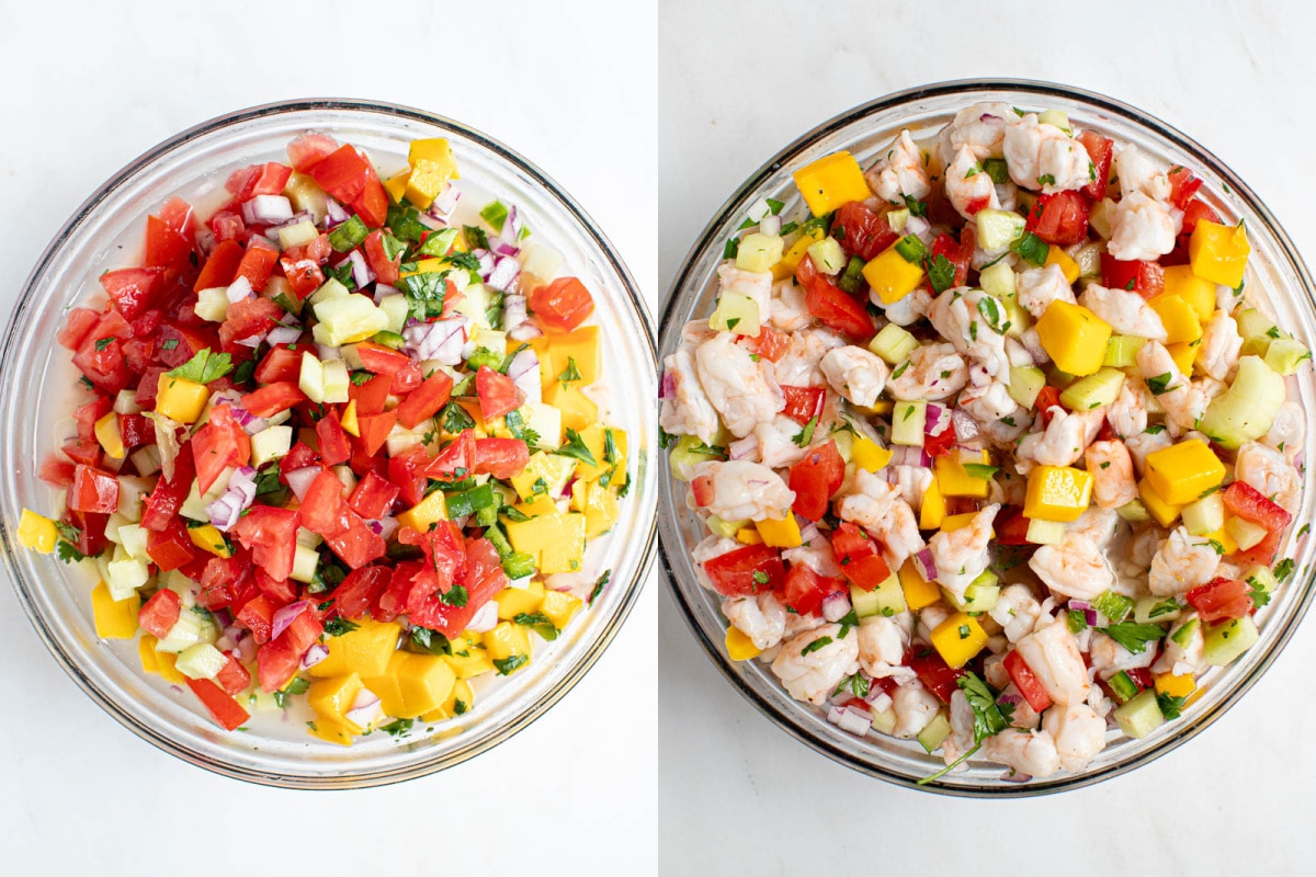 All of the ingredients for mango ceviche in a bowl, before and after stirring them together. 