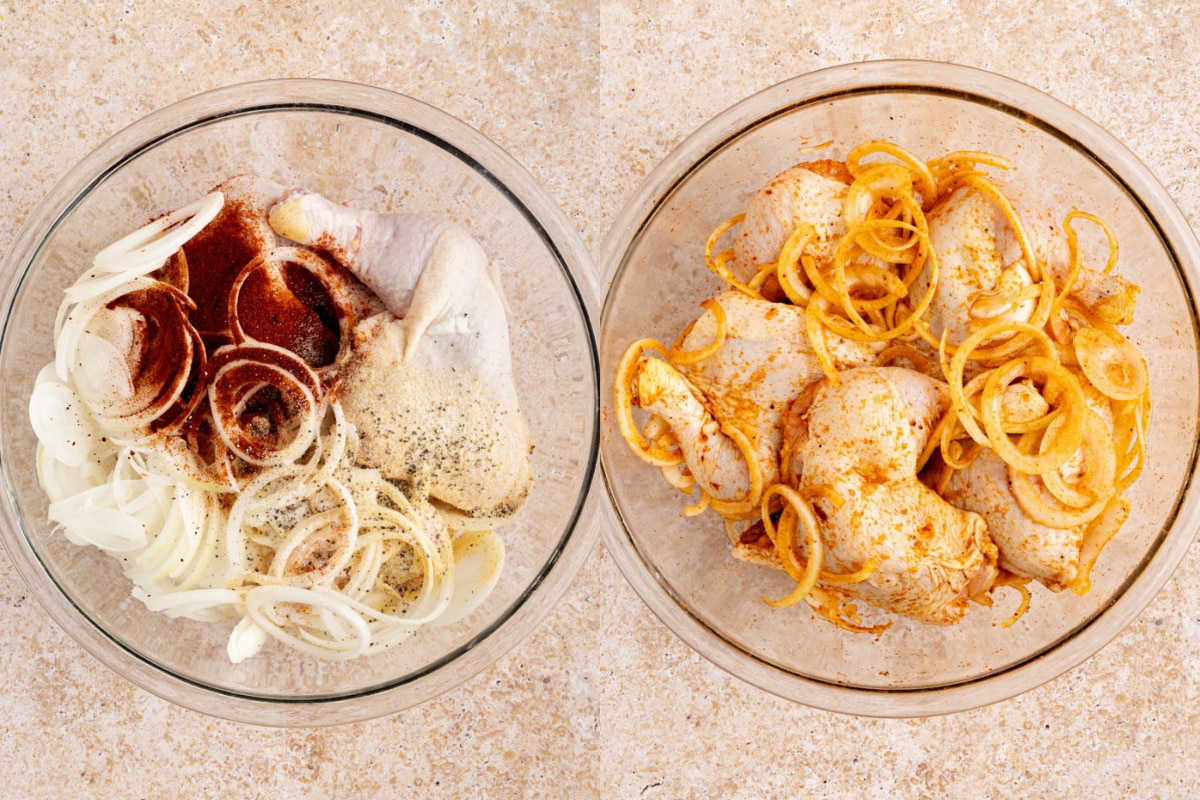 The chicken quarters with the sliced onions and spices in a bowl before and after mixing together all of the ingredients.