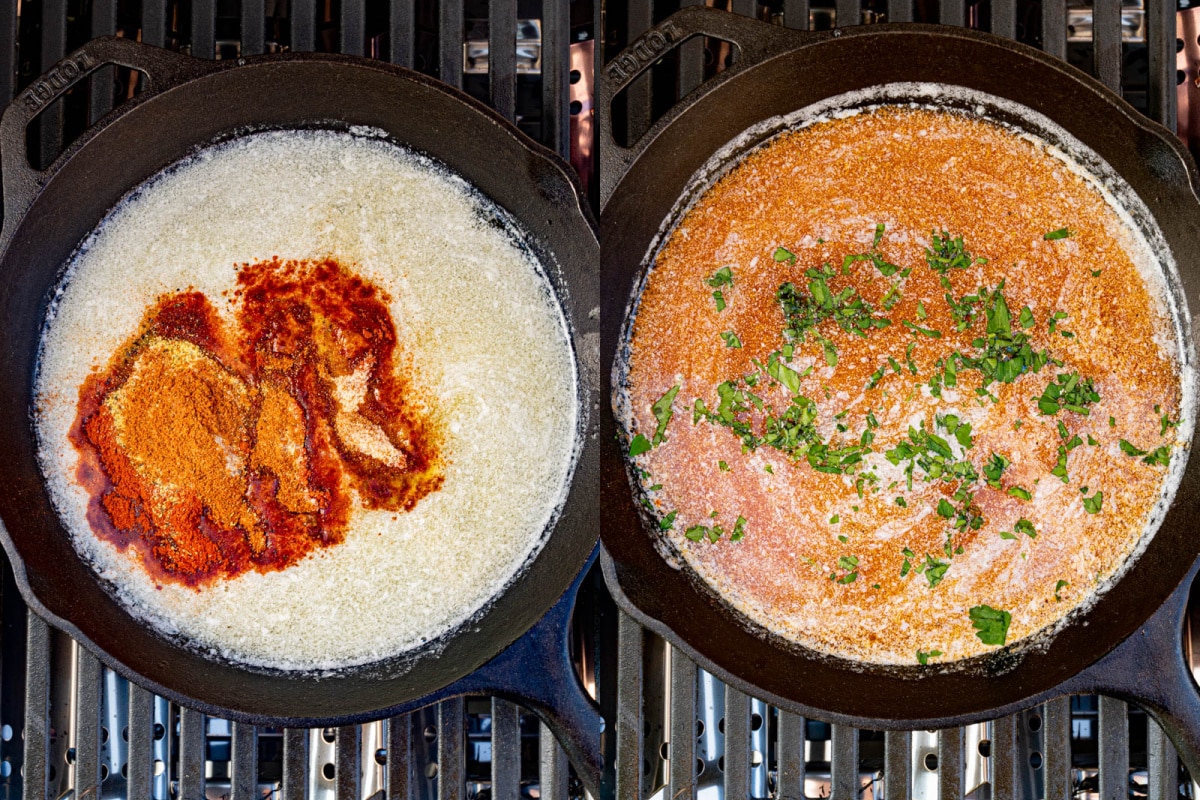 melting the ingredients for the cajun butter in a skillet on a grill