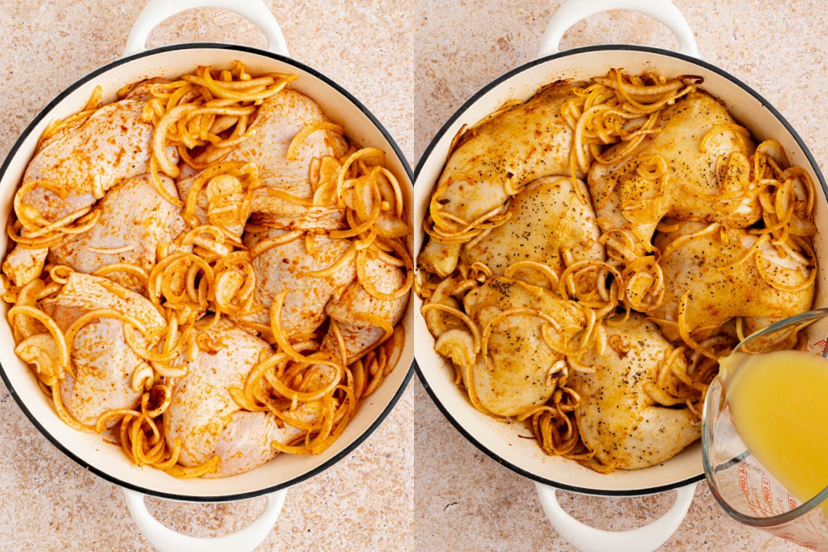 The chicken leg quarters in a large roasting dish with the onions before going into the oven. Then pouring the broth over the butter.