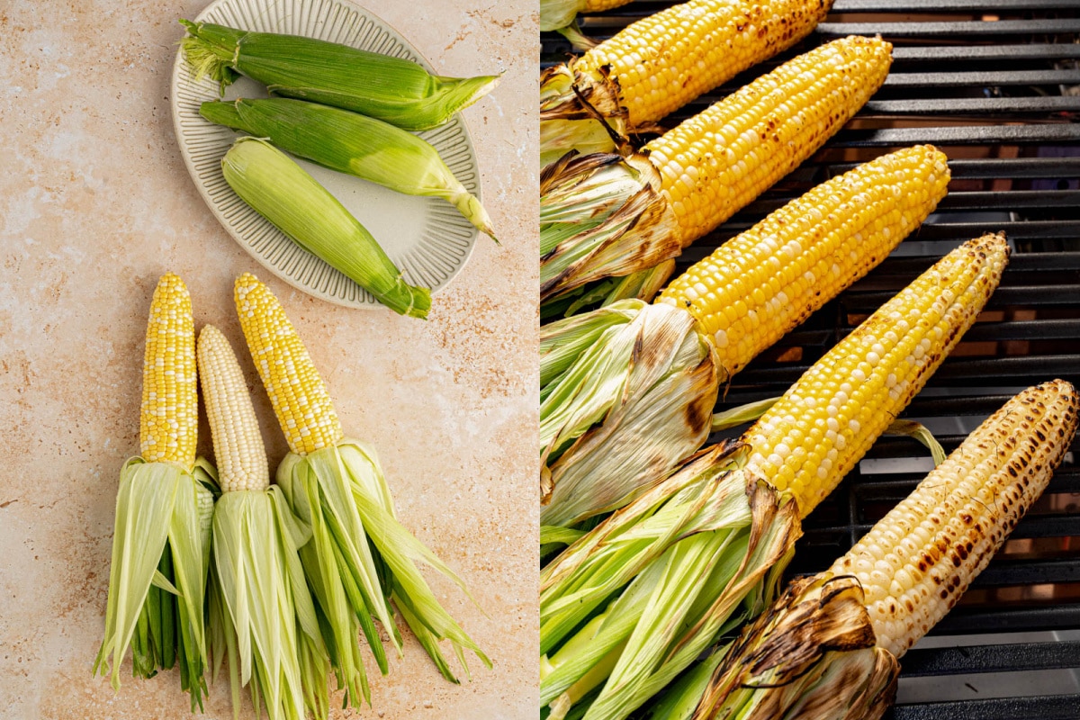 Shucked corn on a countertop then on a grill for grilling. 