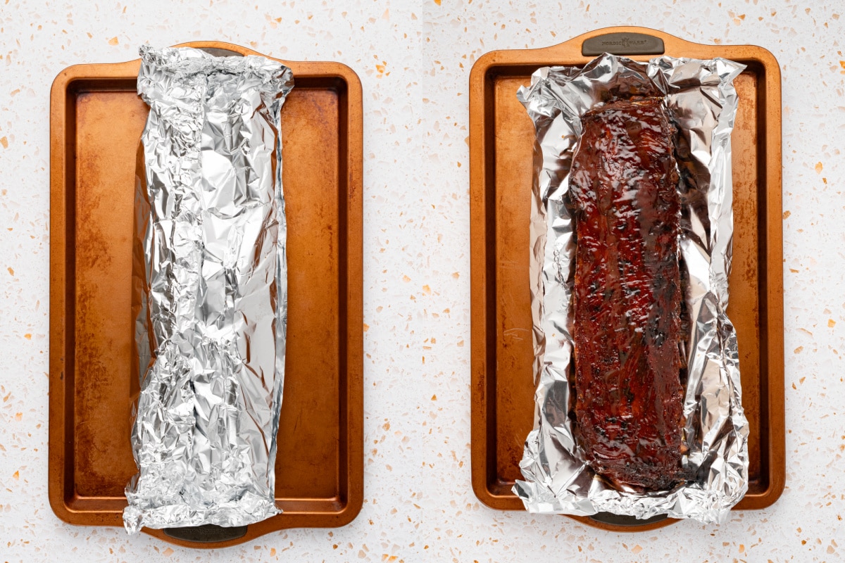 Wrapping ribs in foil before and after baking in the oven. 