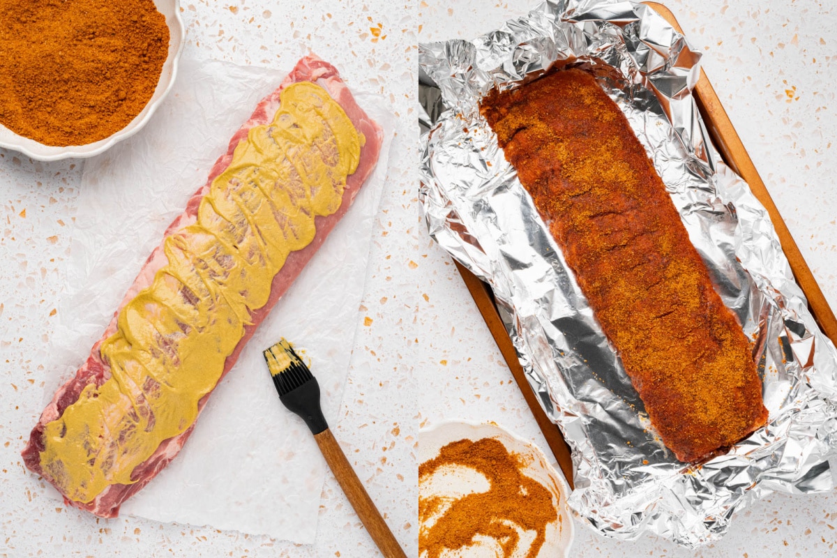 The baby back ribs are rubbed with mustard and then the bbq brown sugar before wrapping in foil to bake in the oven. 