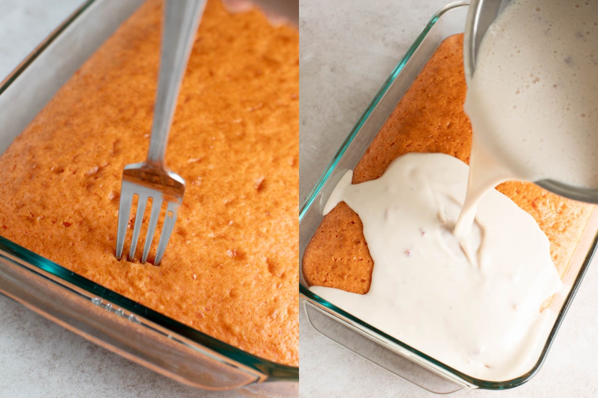 poking the cake with a fork and then pouring the tres leches milk mixture over the top of the cake to soak in.