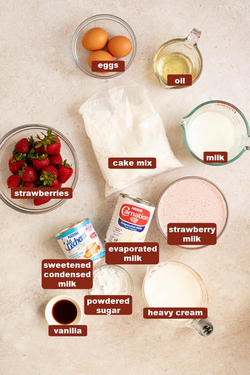 All of the ingredients for strawberry tres leches cake in bowls on a countertop including cake mix, eggs, oil, milk, strawberry milk, evaporated milk, sweetened condensed milk, heavy cream, powdered sugar, vanilla, and strawberries. 