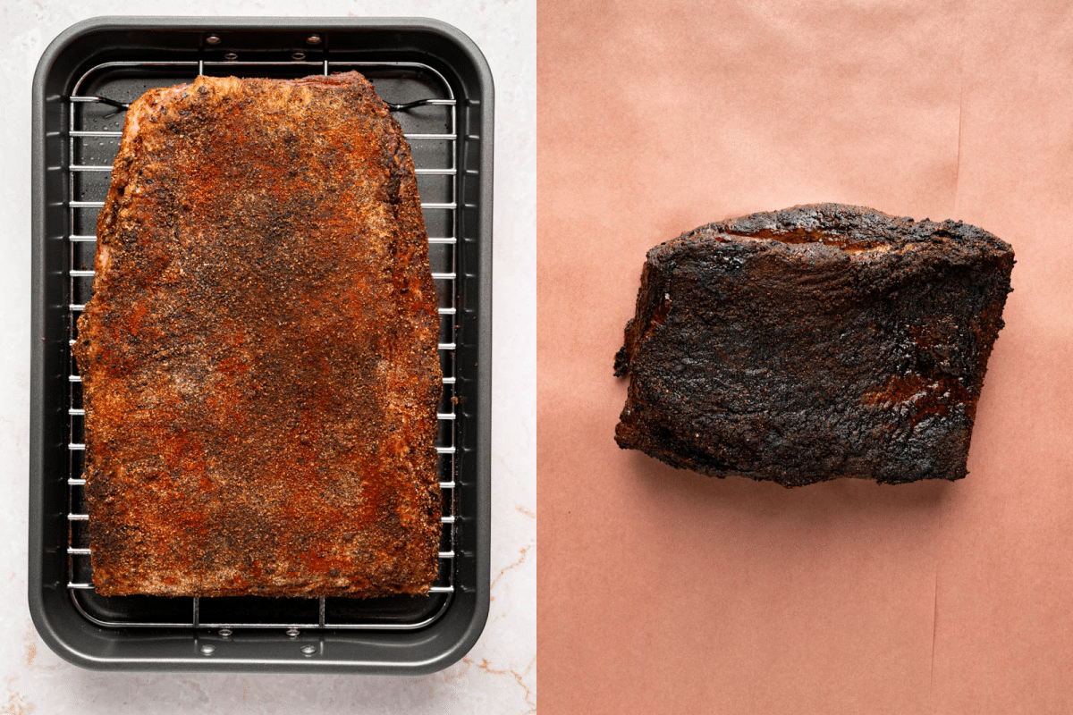 Before and after baking the brisket during the first cook time. The brisket is on the butcher paper before wrapping.
