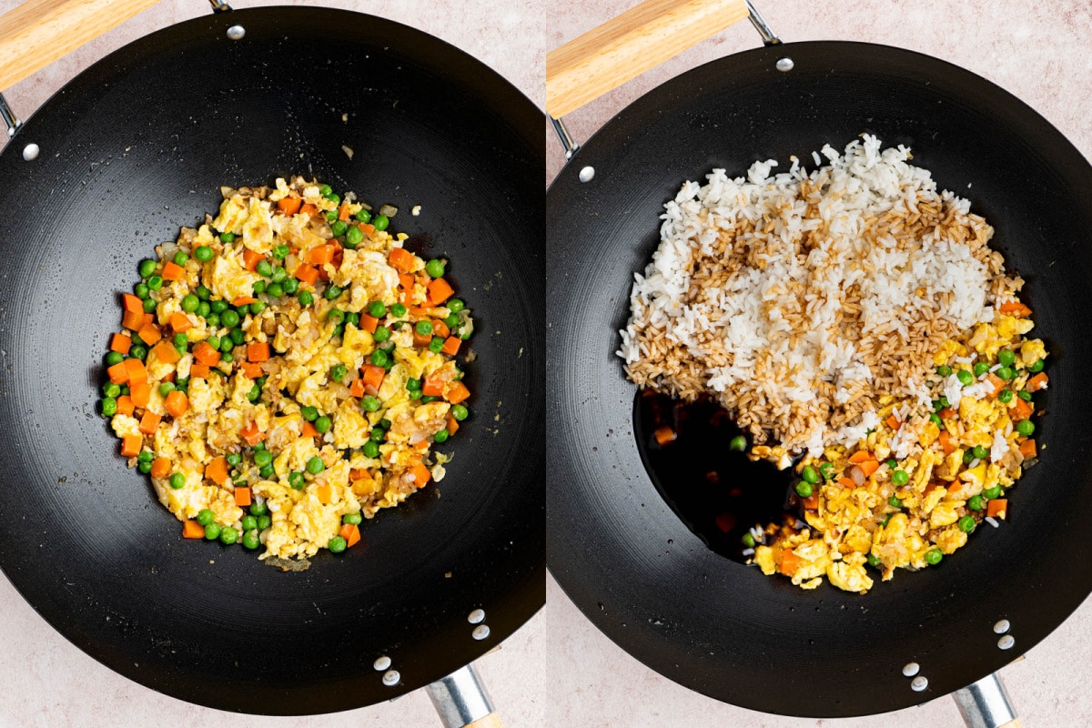 cooking the veggies and rice in a wok before adding the cooked shrimp