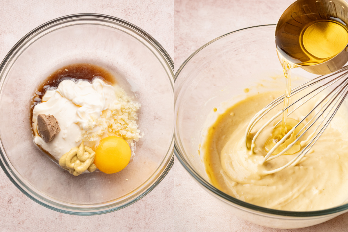Stirring together all of the ingredients for the dressing in a bowl.