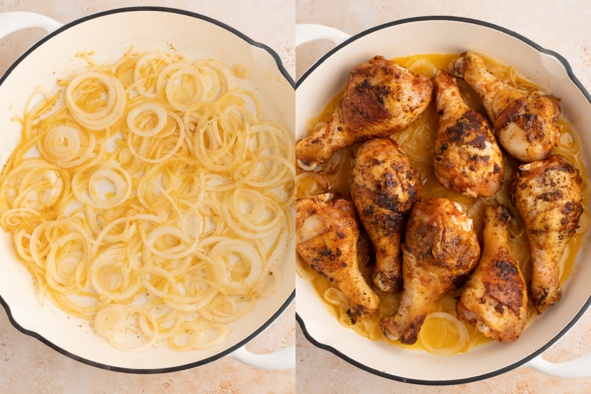 Cooking the onions in a skillet before adding the seared chicken to the baking dish and cooking in the oven.