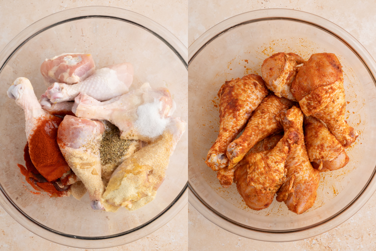 Mixing together all of the ingredients for the chicken seasoning with the chicken drumsticks in a bowl.
