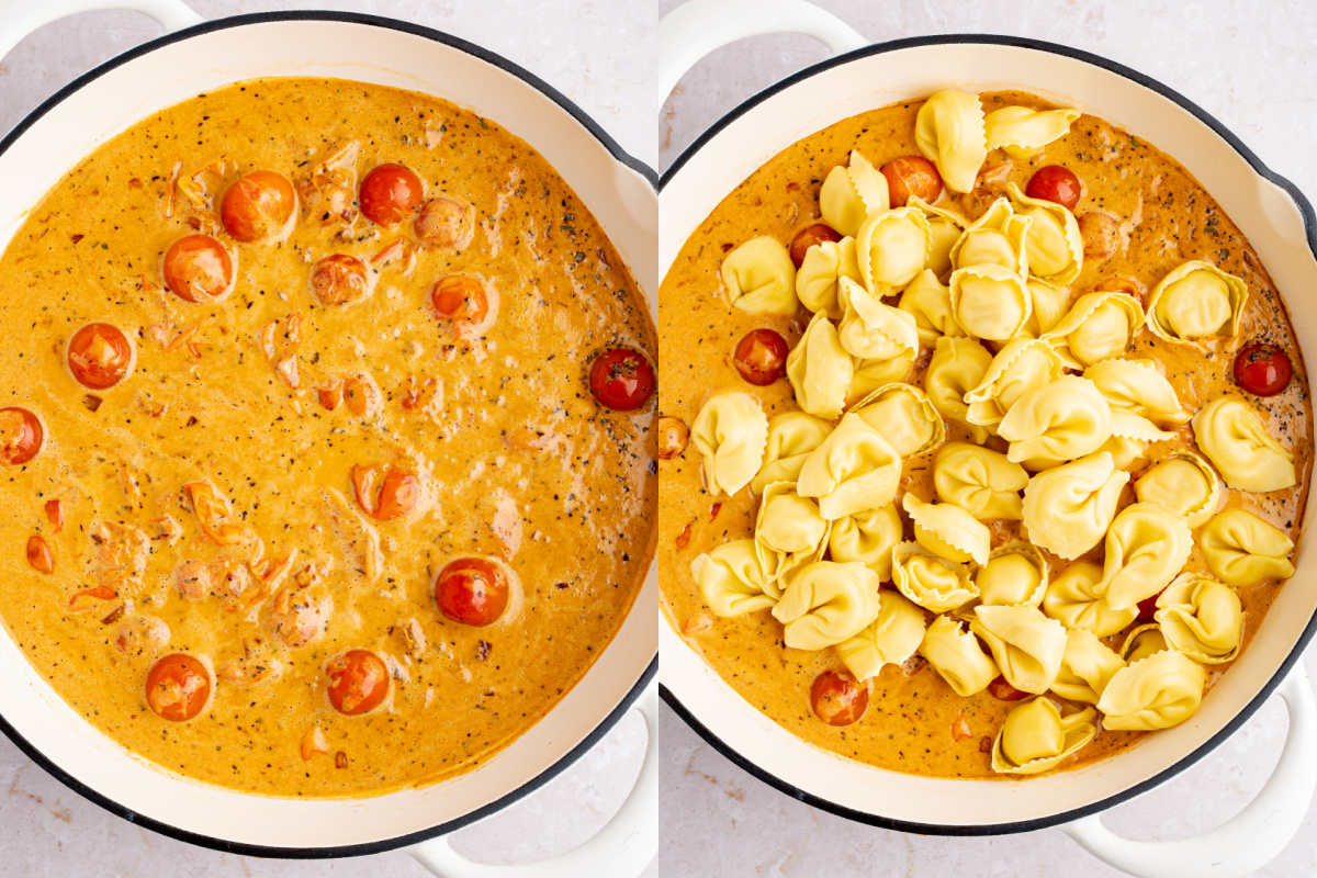 Cooking the sauce in the skillet before and after adding the tortellini. 