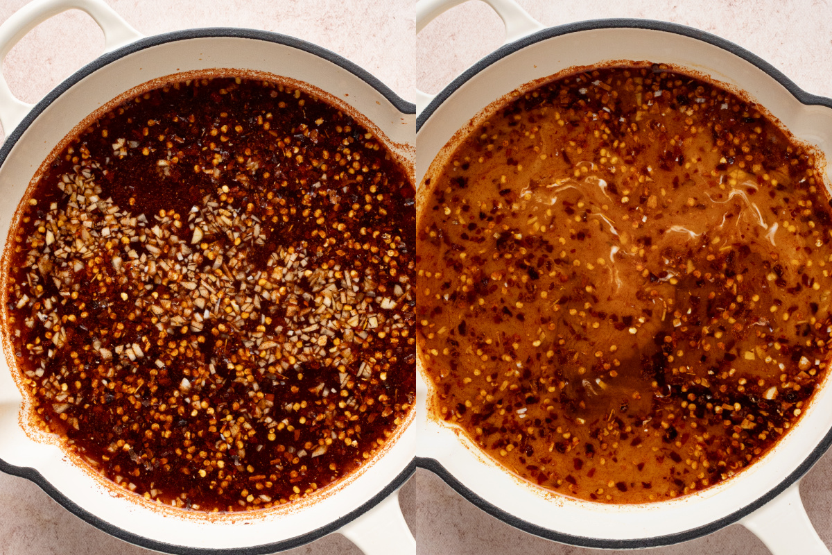 mixing together the ingredients for the sweet chili sauce in a pan on the stove.