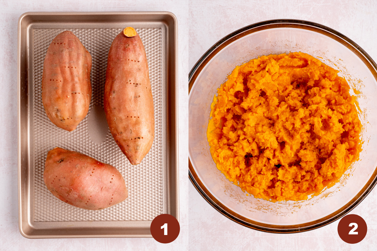Sweet potatoes sit on a baking sheet before going into the oven. Then the mashed sweet potatoes are in a bowl on the right.