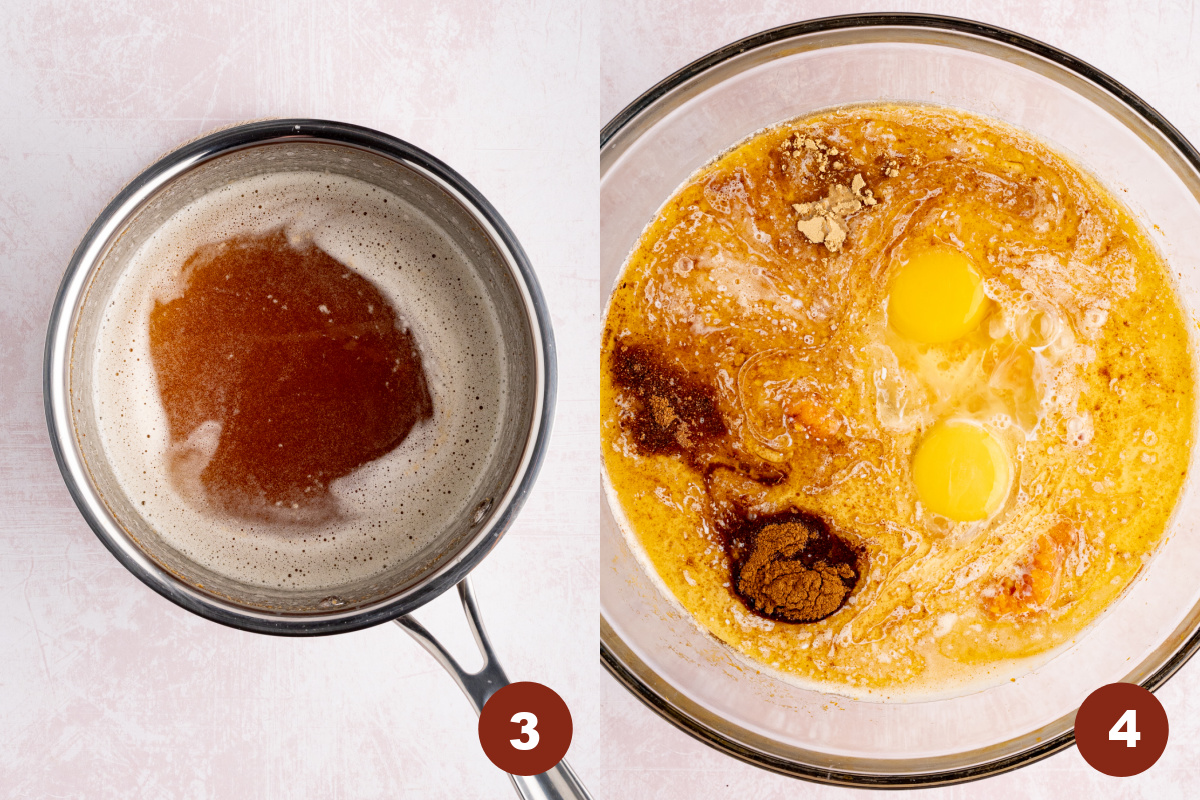 The brown butter sits in a saucepan with a bowl of all of the sweet potato casserole filling sits on the right.