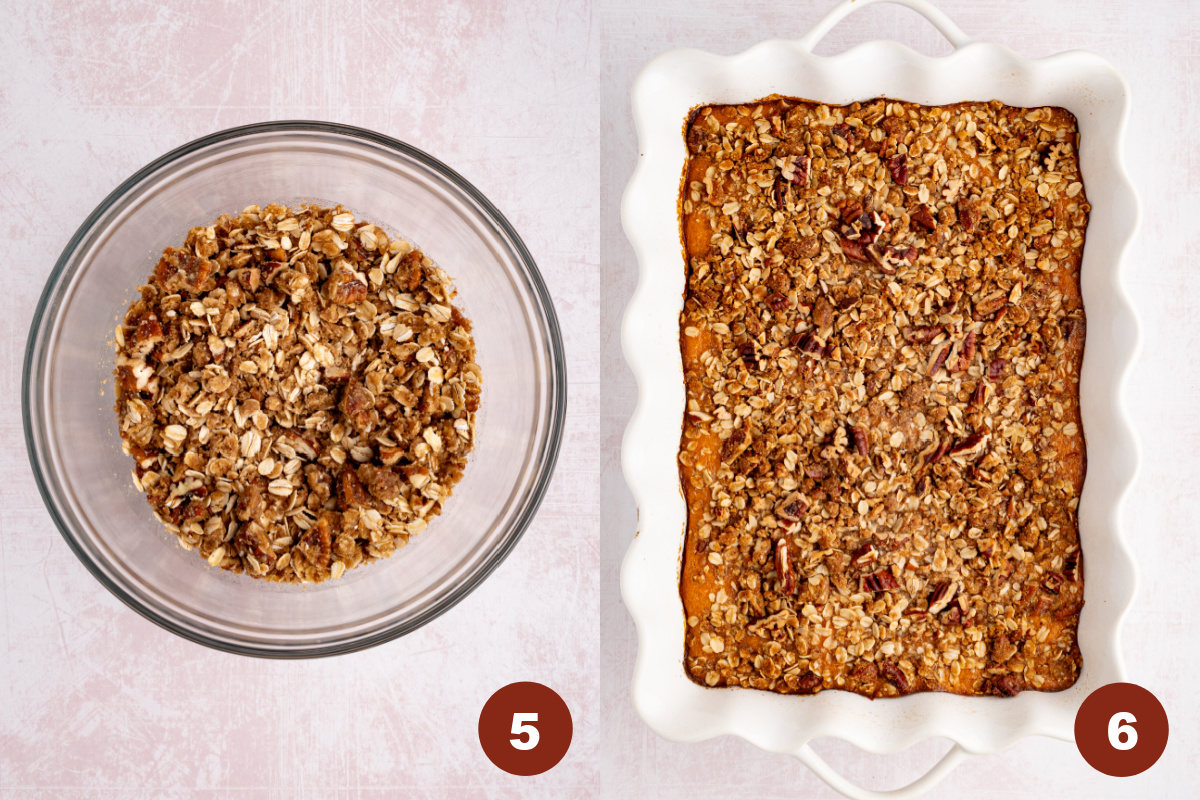 The pecan crumble is in a bowl on the left. The assemble sweet potato casserole is in a white rectangular baking dish before going into the oven. 