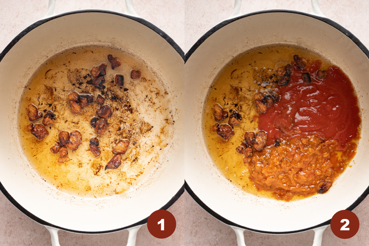 Cooking the pork fat in the oil, then adding the tomato sauce and red sofrito to the pan.