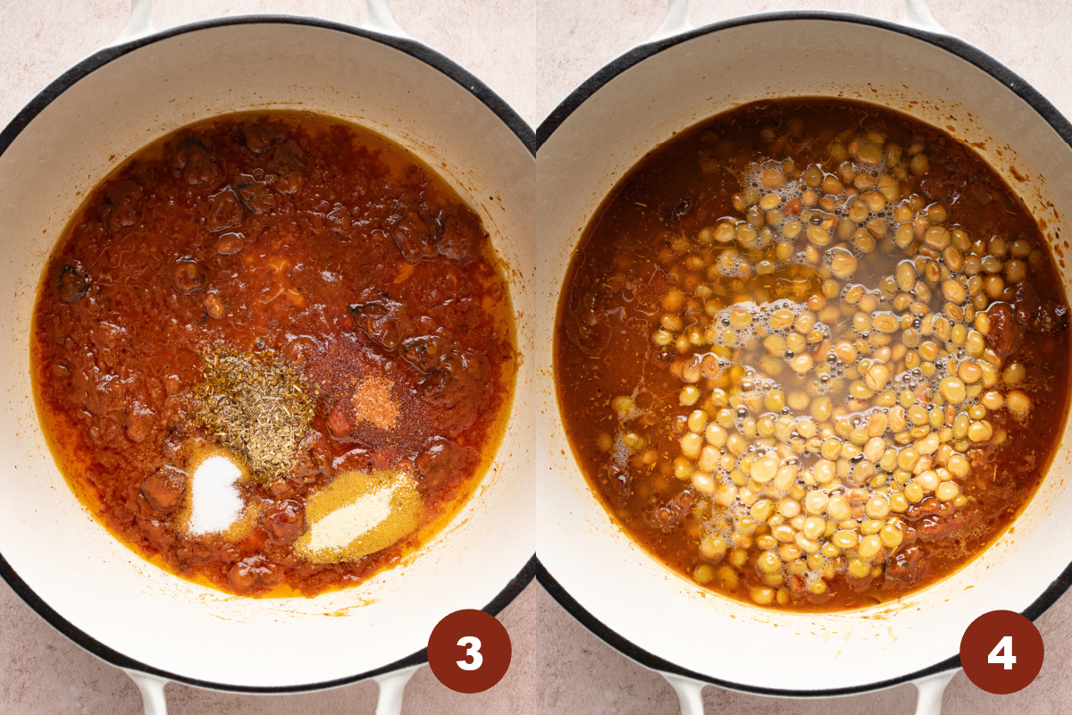 The seasonings and beans are added to the liquid in the pan.