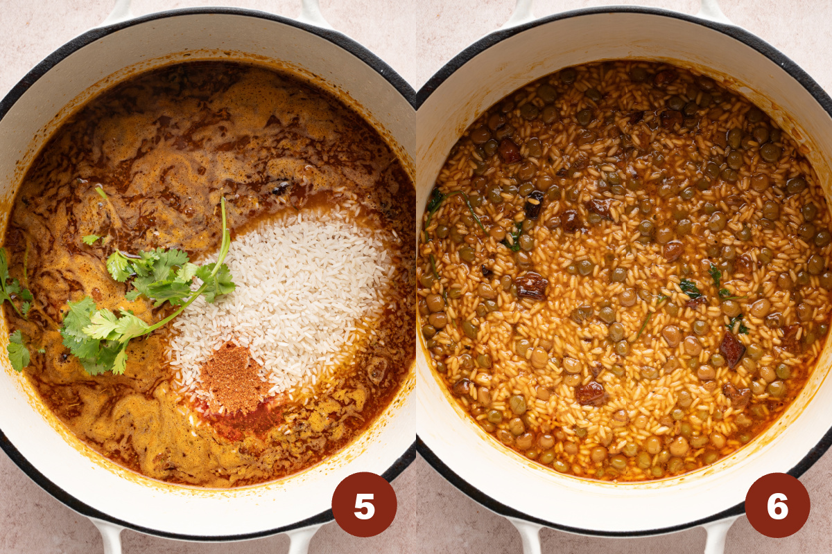 The rice, oil, Sazon and cilantro are added to the pan before cooking.