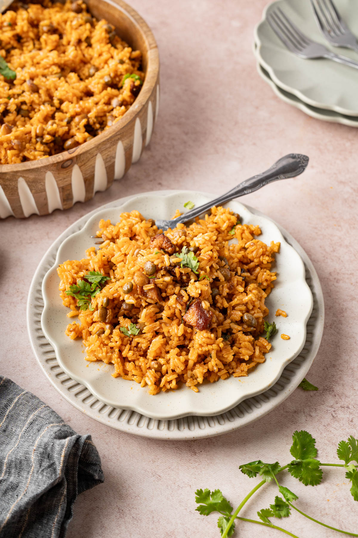 Puerto rican rice with pigeon peas on a plate for serving.