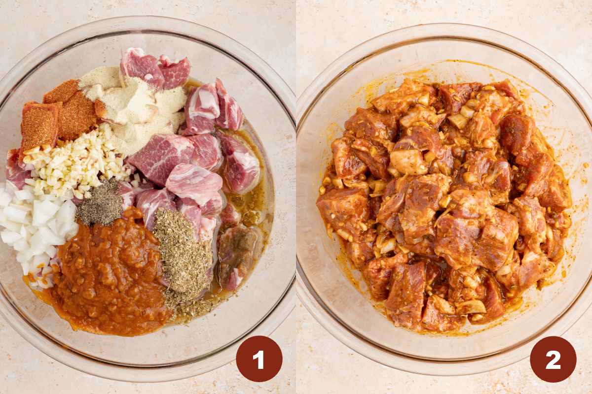 Pork shoulder in a bowl with the other marinade ingredients.