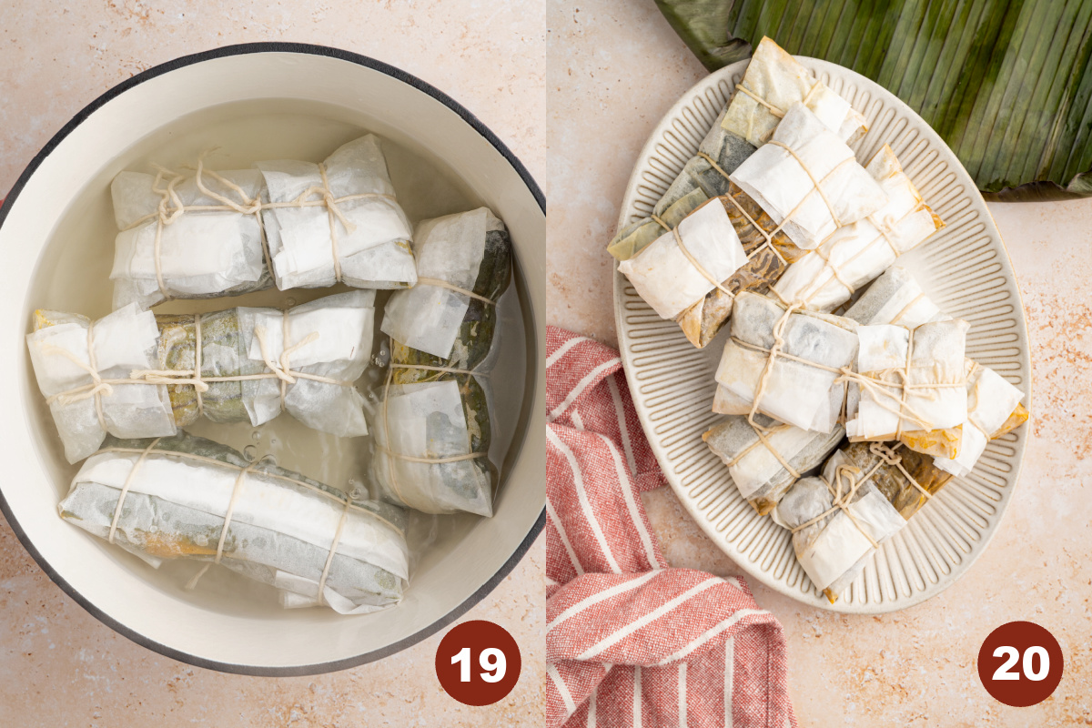 The pastel packets are in a pot of boiling water and then are on a plate after cooking.