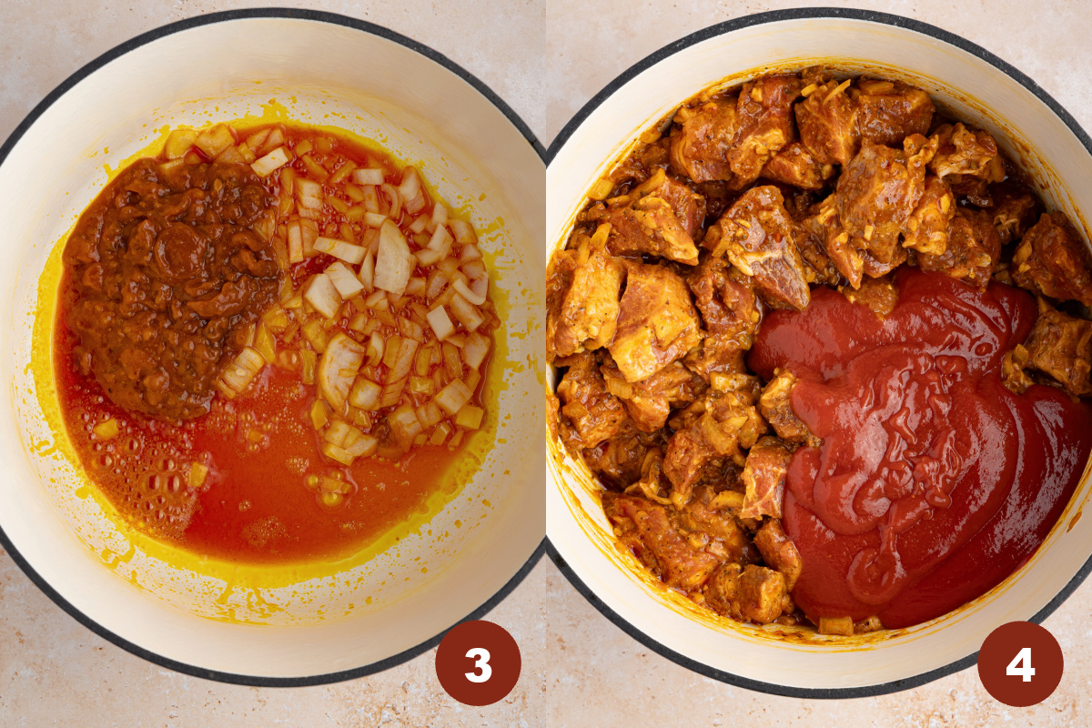 The achiote oil, onion, and sofrito in a Ducth oven before adding the tomato sauce and marinated pork.