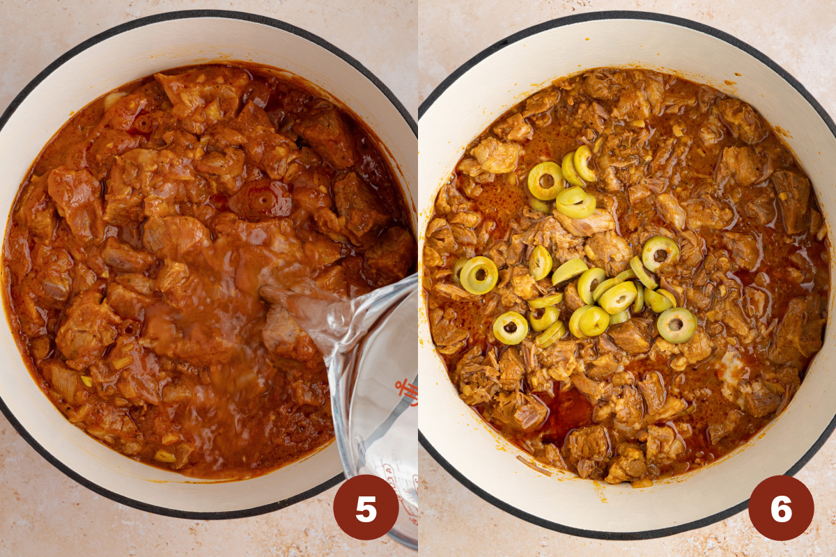 A measuring cup pours in water into a Dutch oven, then the sliced green olives are on top.