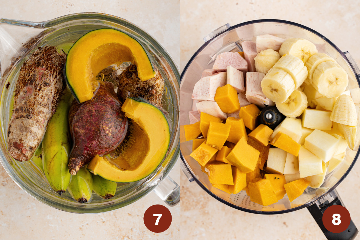 All of the vegetables and fruits for the masa soaking in a bowl of water. A food processor container is filled with the cut pieces of fruit and vegetables before pureeing.
