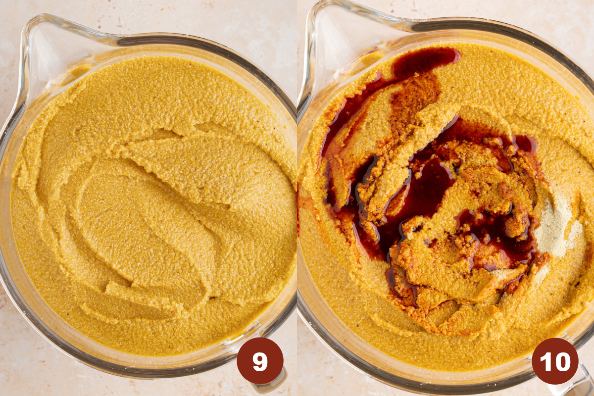 The pureed mixture in a glass bowl. The achiote oil and adobo seasoning is on top.