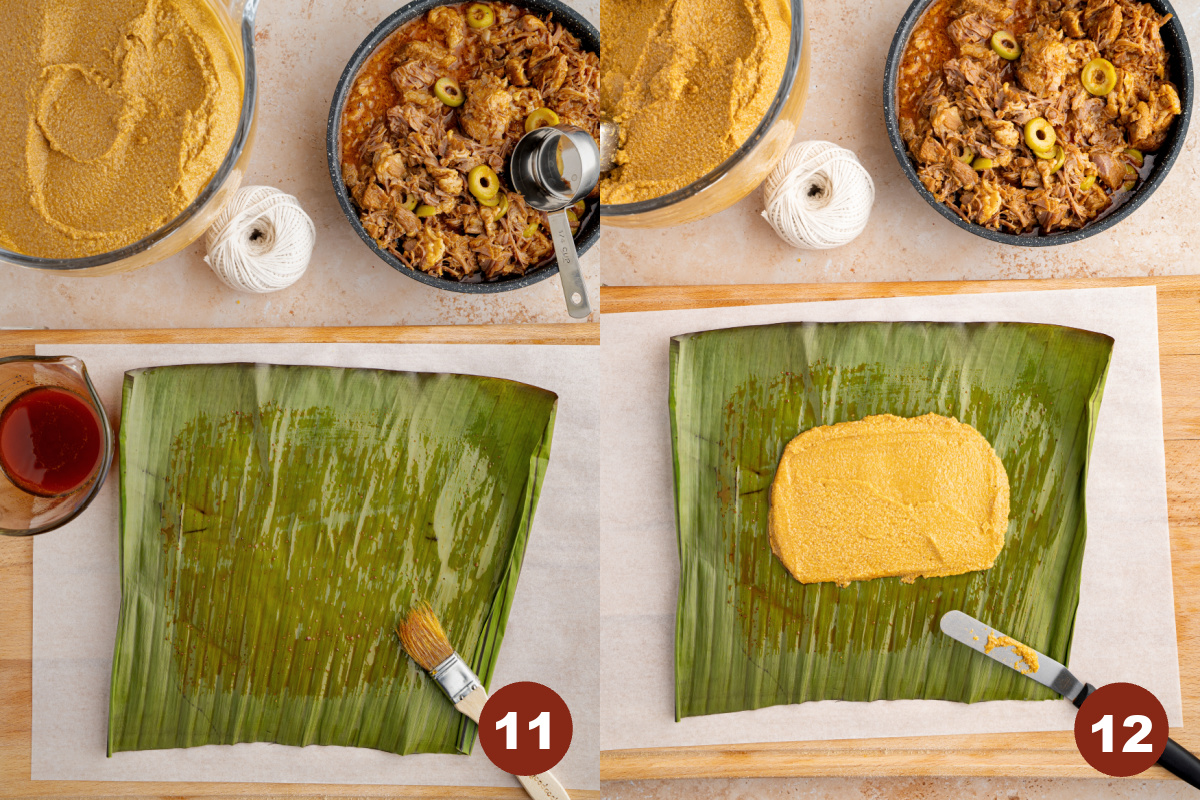 A pastry brush spreads some achiote oil over a piece of softened banana leaf on top of a piece of parchment paper. A small amount of masa is spread on top of the leaf.