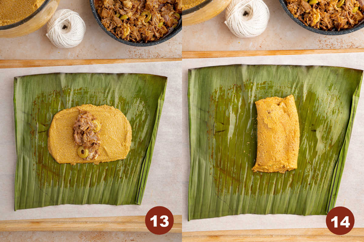 Shredded pork sits on top in the middle of the masa before folding over the masa on top of the pork.