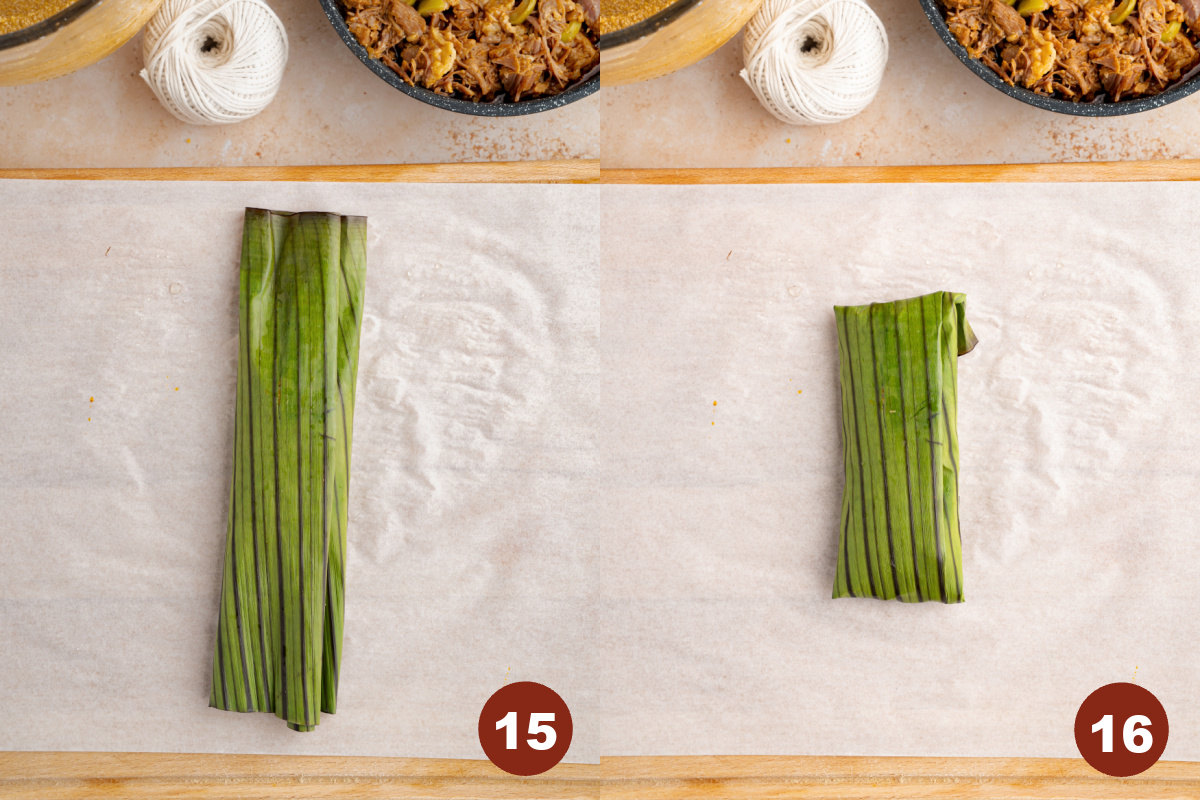 The banana leaf is wrapped up into a pocked on a piece of parchment paper.