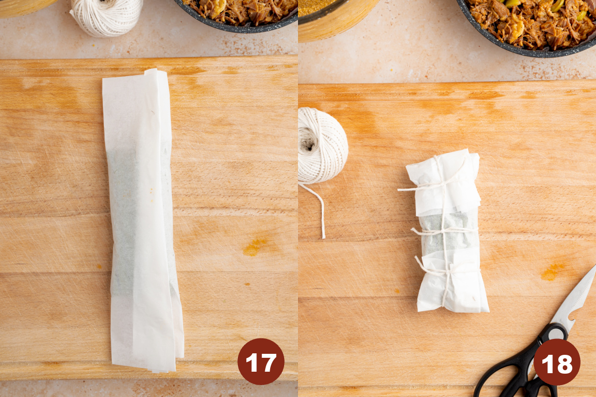 The banana leaf is completely wrapped and kitchen twine is wrapped 3 times around the parchment paper pocket to secure.