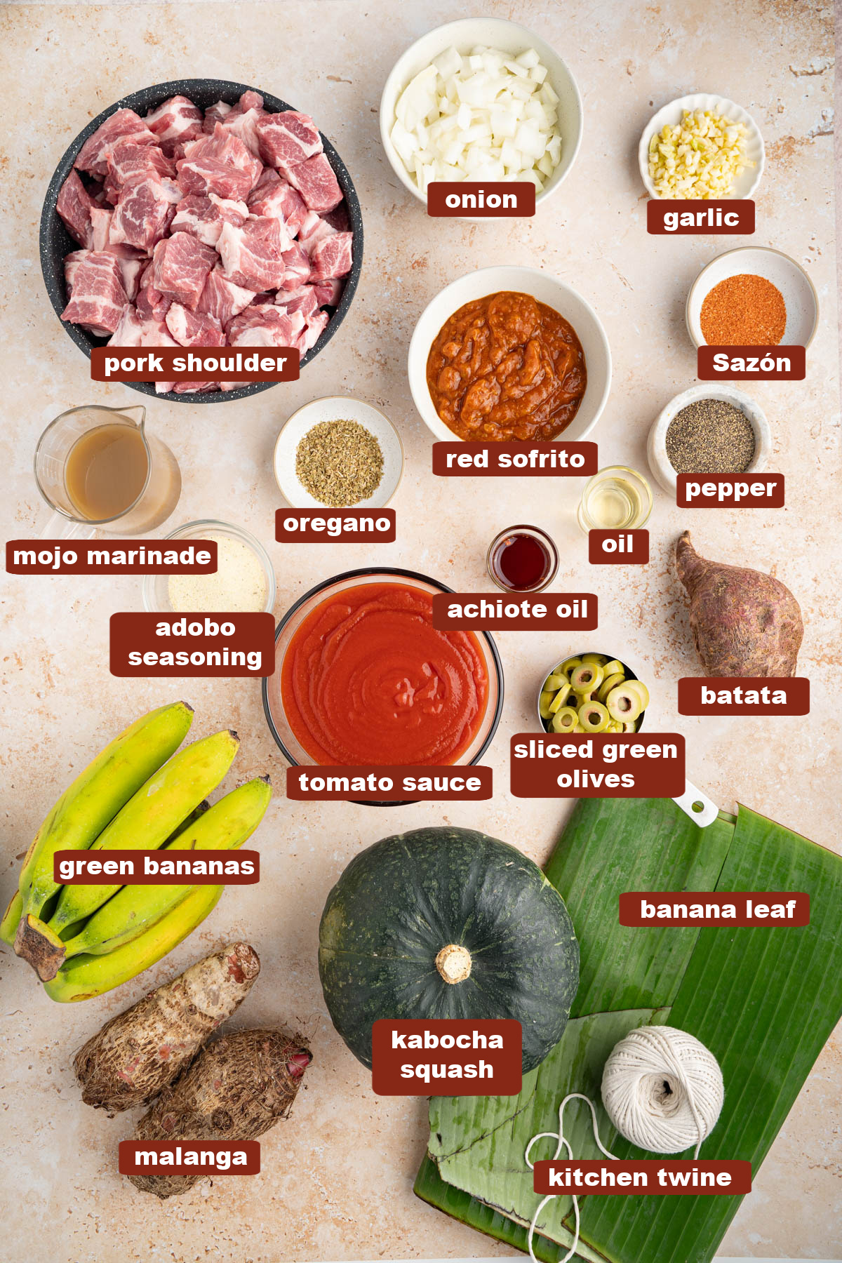 All of the ingredients for pasteles de masa in bowls on a countertop.