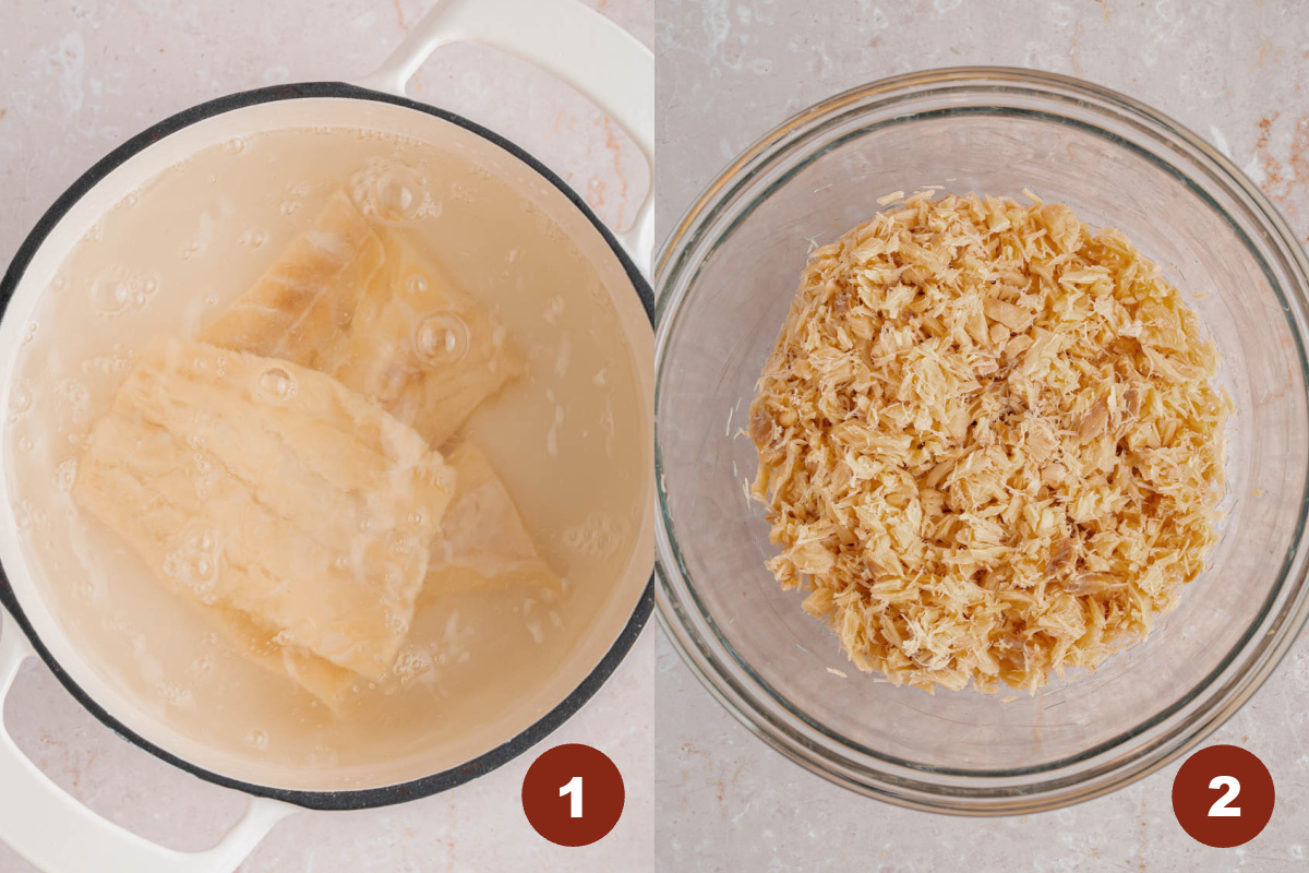 The salted codfish in a large pot of bowl water next to a large glass bowl with the salted cod fish torn into pieces.