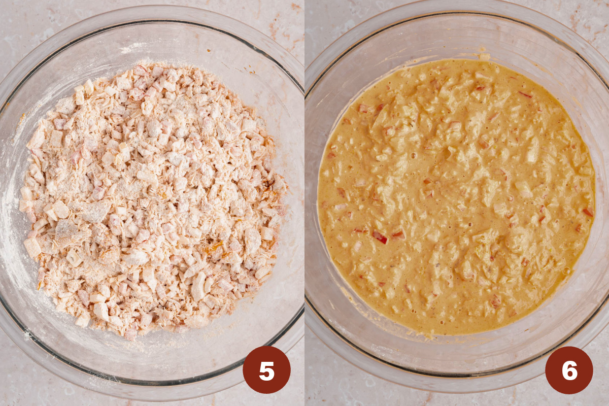 The bacalaitos batter in a large bowl mixed together before adding the water. Then mixed together in the bowl after adding the water.