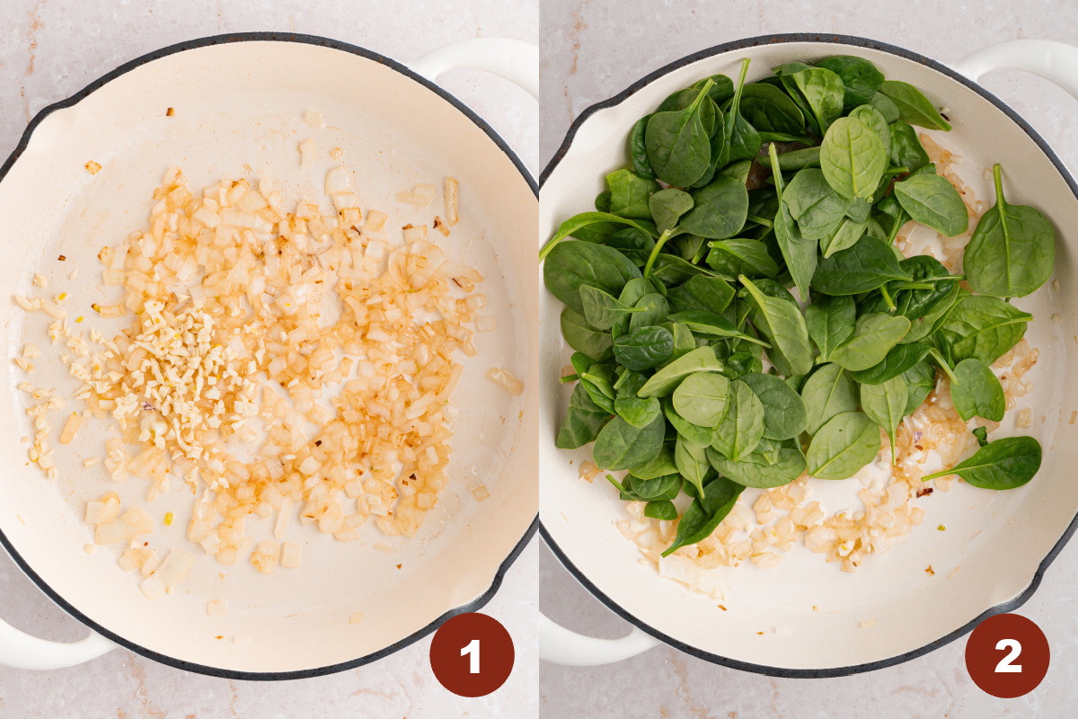 The onion sautéing in a a dutch oven. Then the spinach added to the dutch oven.