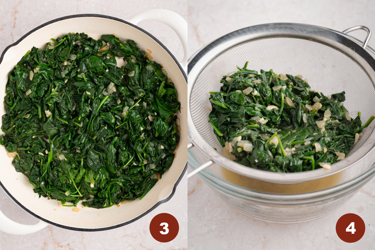 Sautéed spinach in the dutch oven. And a glass bowl with the strainer and sauteed spinach mixture for straining.