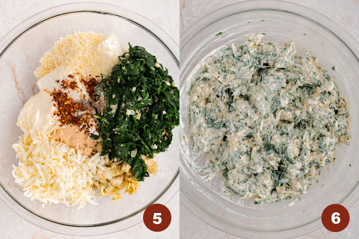 All of the ingredients for the spinach artichoke dip in a glass bowl before mixing. And the dip in a glass bowl after mixing.