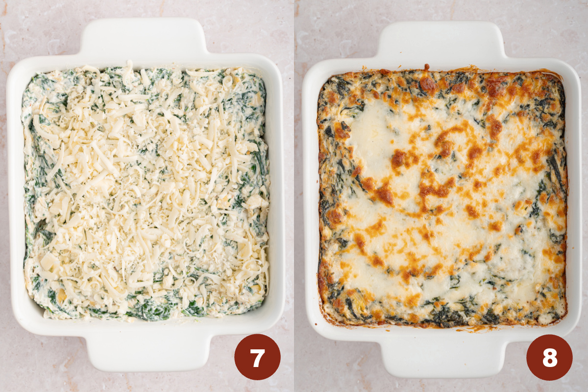 The spinach and artichoke dip mixture in a square baking dish before baking in the oven. Then then spinach and artichoke dip in the square baking dish after baking in the oven.